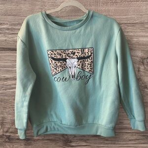 M Women’s Cowboy Graphic Mint Green & Leopard Cheetah Crewneck‎ Sweatshirt
